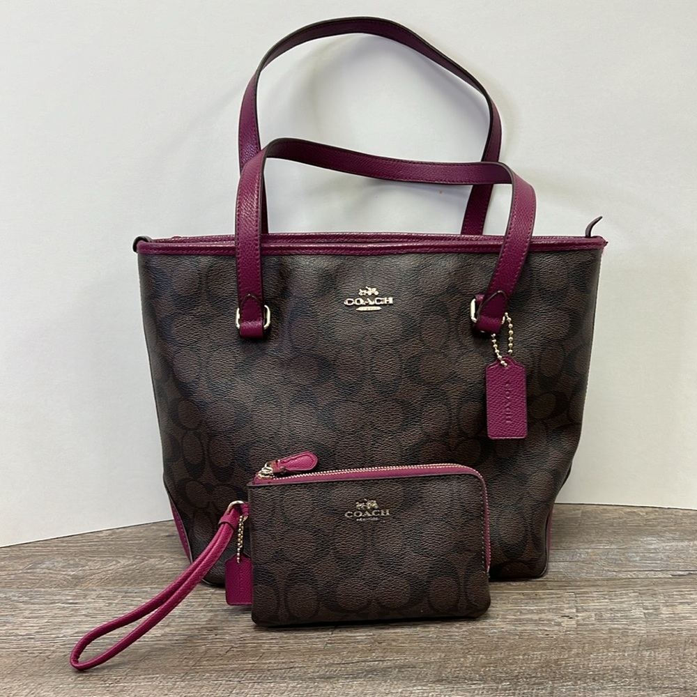 SOLD IN STORE Coach Signature Stitching Tote Brown/Magenta - Picture 15 of 16